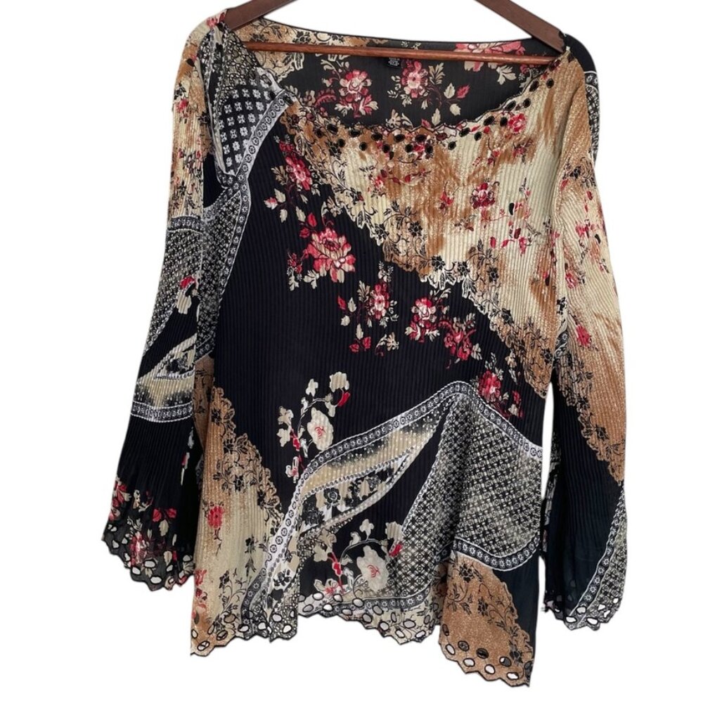 Vtg Y2K Piano Top 2X Asian Inspired Floral Accordian Pleated Fairy Whimsy Goth